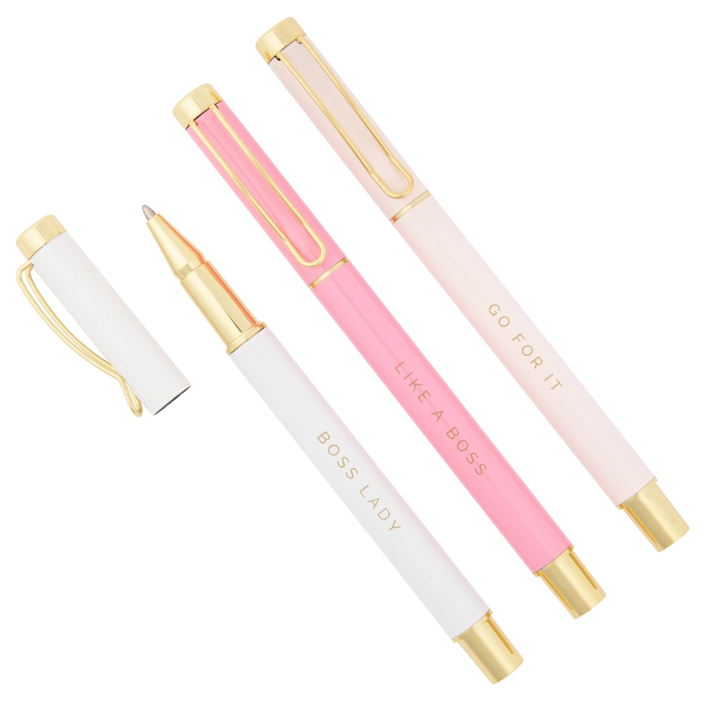  Pens Read: Boss Lady, Like A Boss, Go For It • Pen Colors: White, Pink, Light Pink | Gold Lettering • 