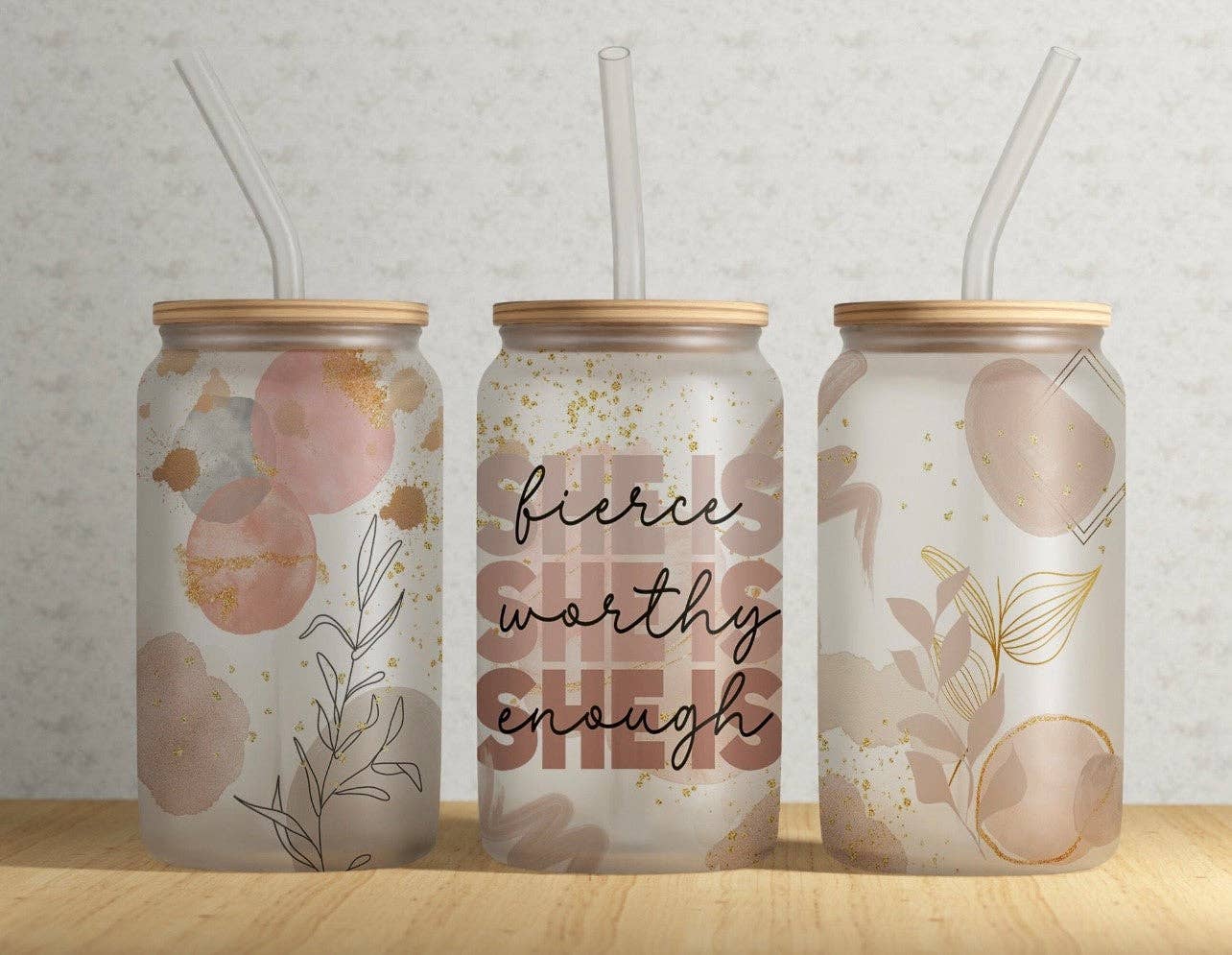 She is Fierce She is Worthy She is Enough 16oz Libby Glass Tumbler - Boxed Bliss Creations